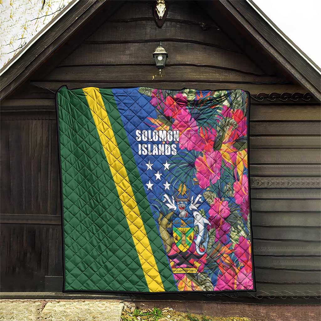 Solomon Islands Independence Day Quilt Coat Of Arms With Tropical Flowers LT05 - Polynesian Pride
