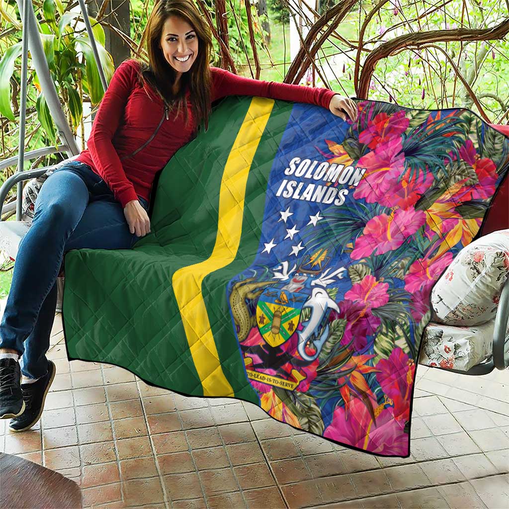 Solomon Islands Independence Day Quilt Coat Of Arms With Tropical Flowers LT05 - Polynesian Pride