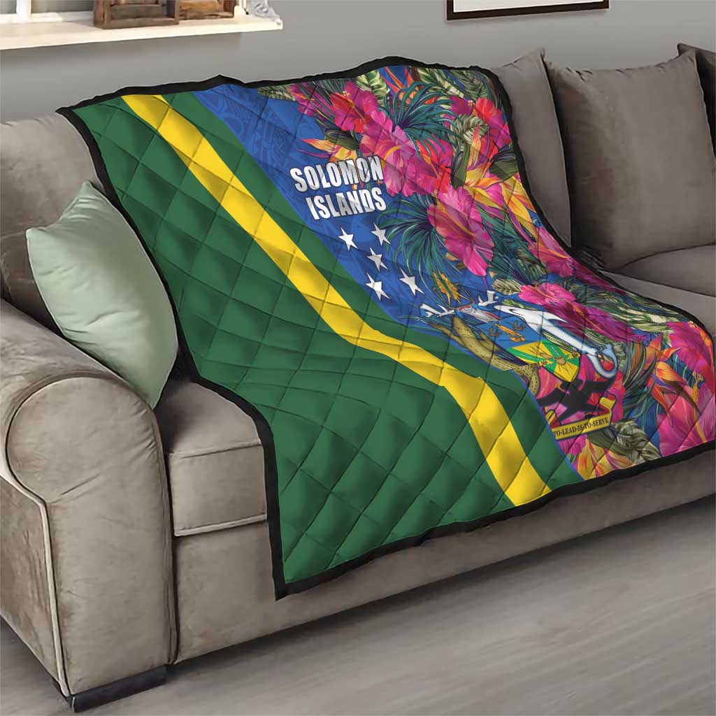 Solomon Islands Independence Day Quilt Coat Of Arms With Tropical Flowers LT05 - Polynesian Pride