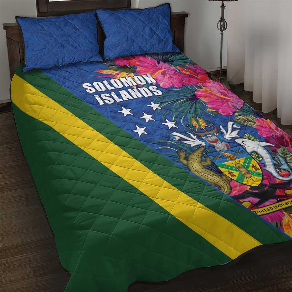 Solomon Islands Independence Day Quilt Bed Set Coat Of Arms With Tropical Flowers