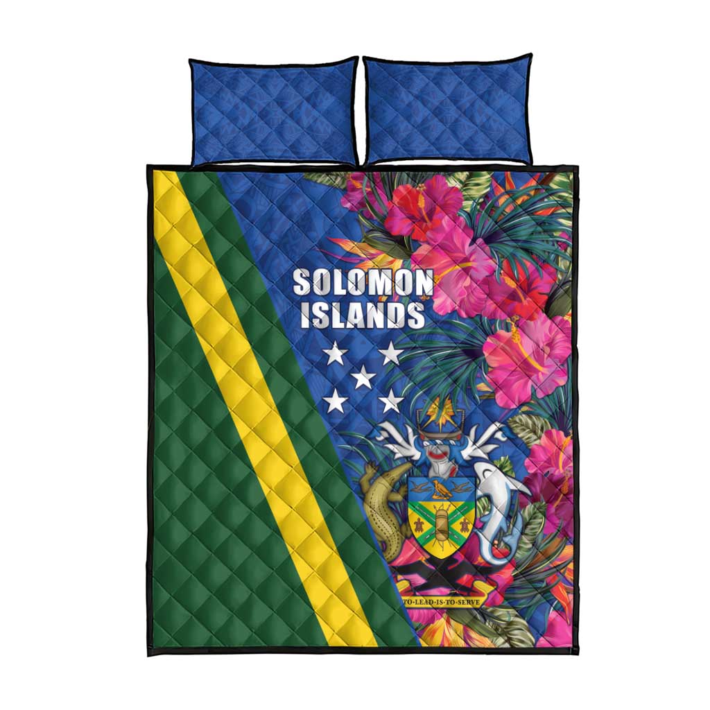 Solomon Islands Independence Day Quilt Bed Set Coat Of Arms With Tropical Flowers LT05 - Polynesian Pride