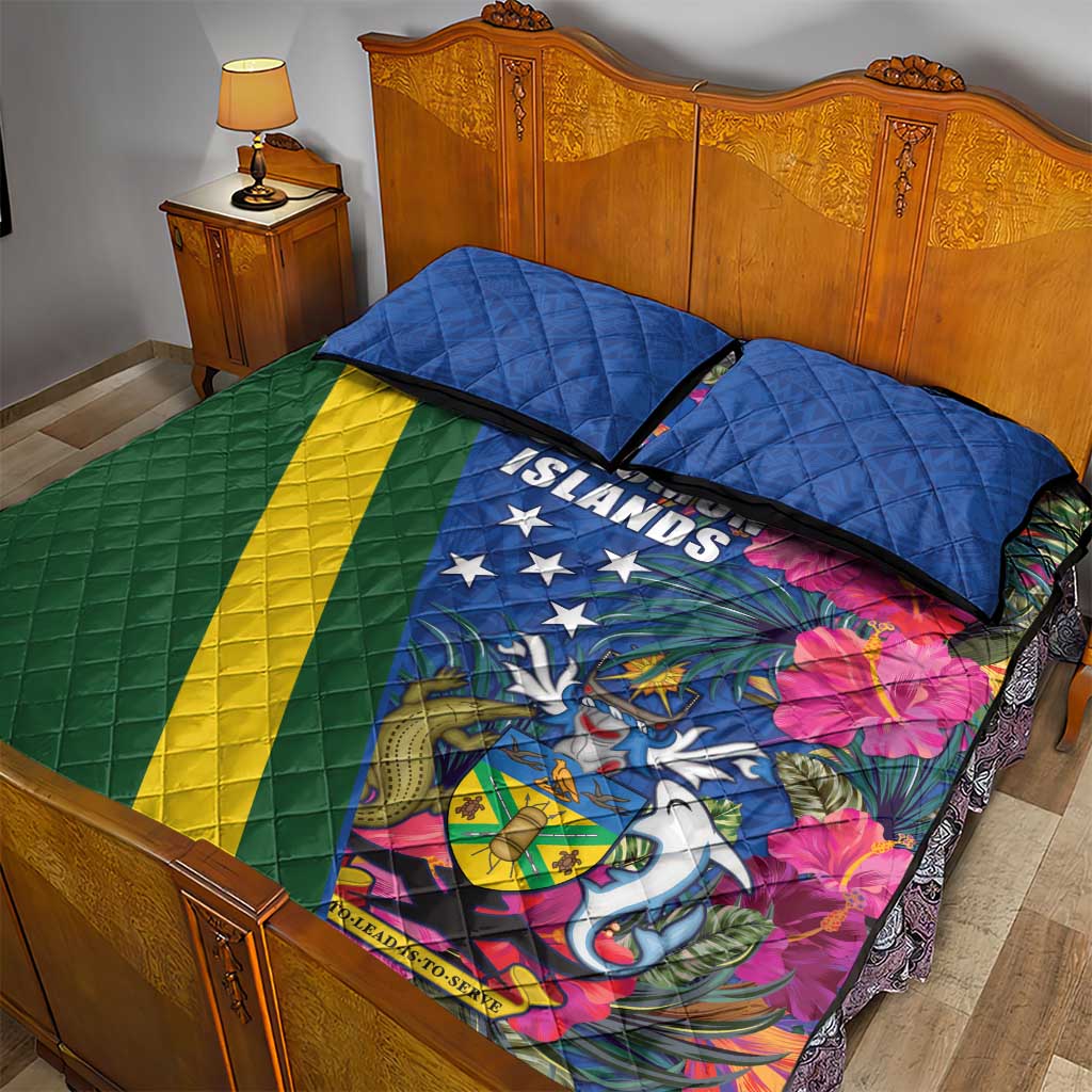 Solomon Islands Independence Day Quilt Bed Set Coat Of Arms With Tropical Flowers LT05 - Polynesian Pride