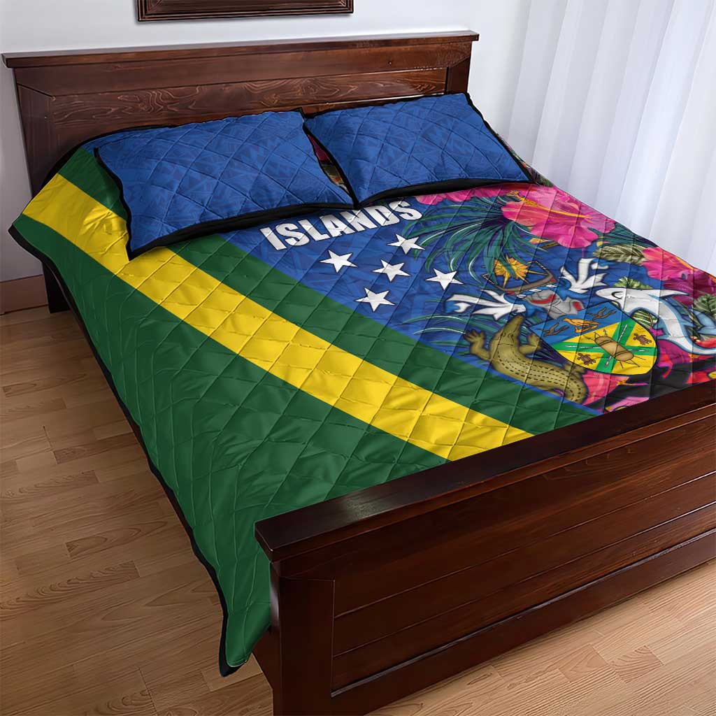 Solomon Islands Independence Day Quilt Bed Set Coat Of Arms With Tropical Flowers LT05 - Polynesian Pride