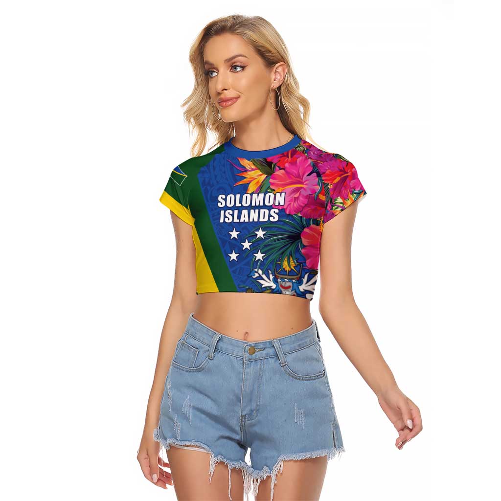 Solomon Islands Independence Day Raglan Cropped T Shirt Coat Of Arms With Tropical Flowers LT05 Female Blue - Polynesian Pride