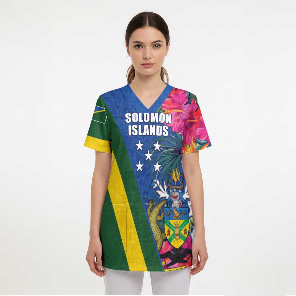 Solomon Islands Independence Day Scrub Top Coat Of Arms With Tropical Flowers - Polynesian Pride