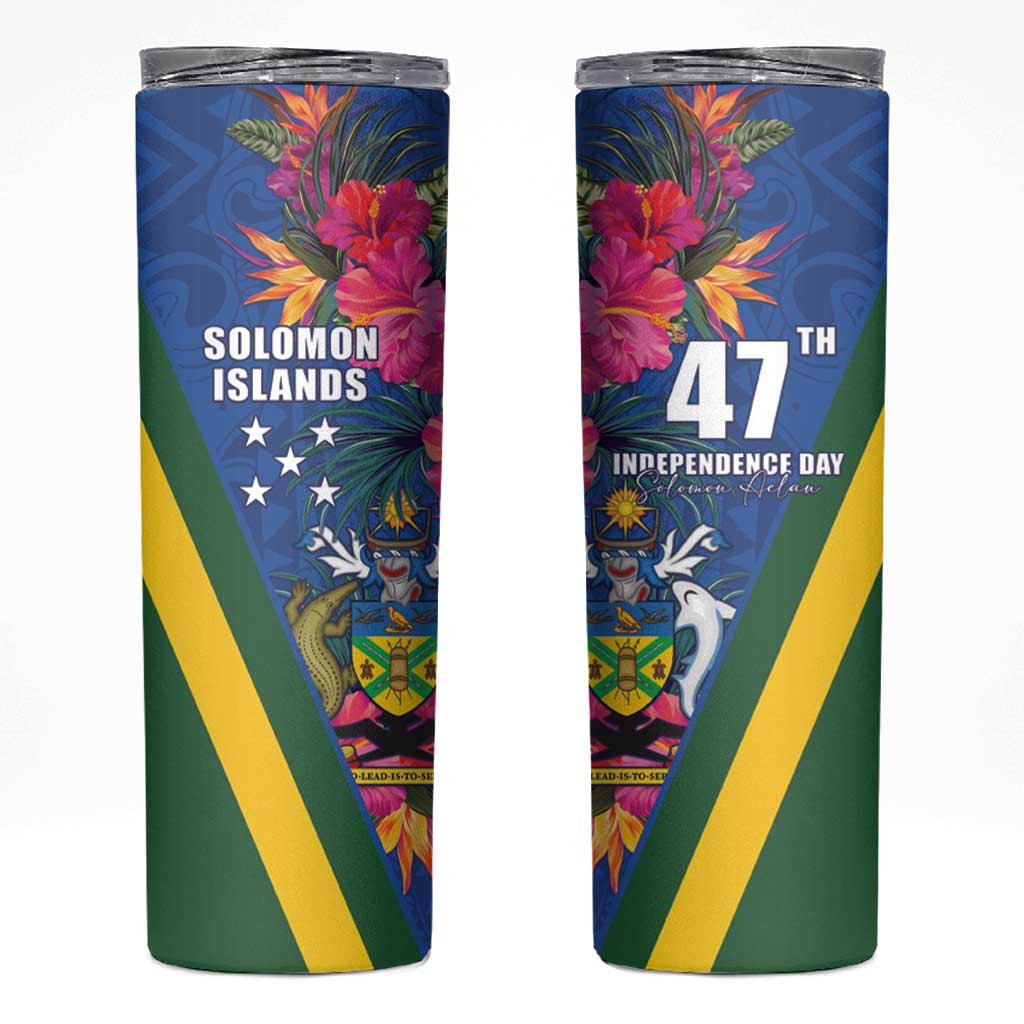 Solomon Islands Independence Day Skinny Tumbler Coat Of Arms With Tropical Flowers
