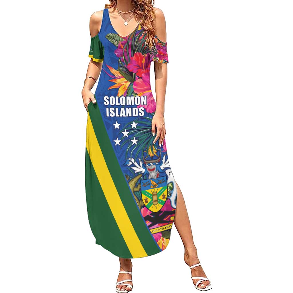 Solomon Islands Independence Day Summer Maxi Dress Coat Of Arms With Tropical Flowers