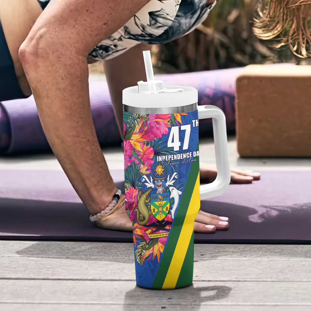 Solomon Islands Independence Day Tumbler With Handle Coat Of Arms With Tropical Flowers