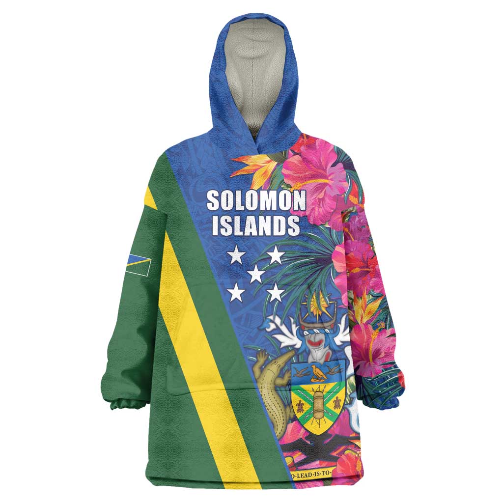 Solomon Islands Independence Day Wearable Blanket Hoodie Coat Of Arms With Tropical Flowers