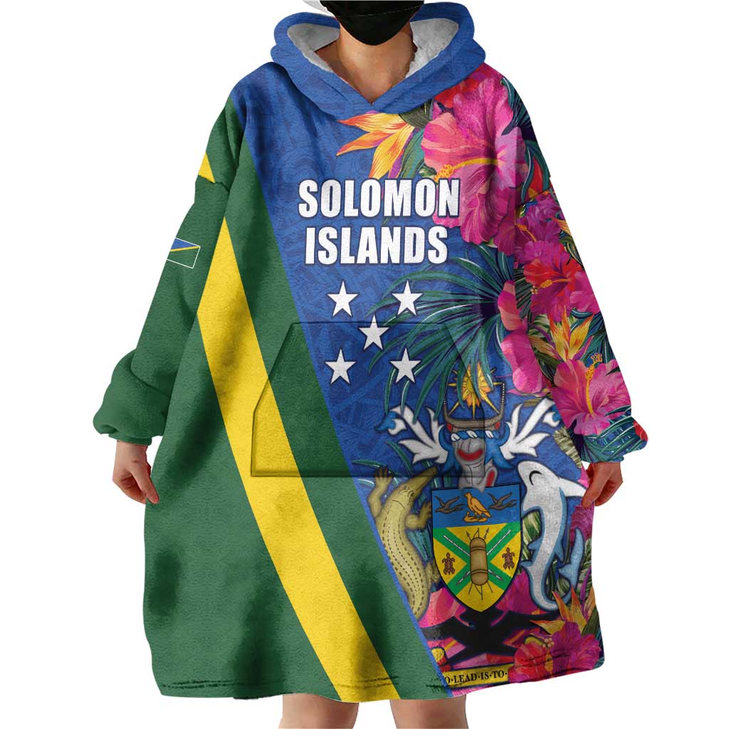 Solomon Islands Independence Day Wearable Blanket Hoodie Coat Of Arms With Tropical Flowers