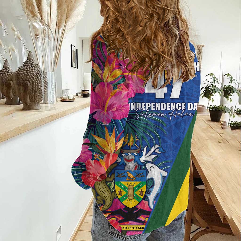 Solomon Islands Independence Day Women Casual Shirt Coat Of Arms With Tropical Flowers LT05 - Polynesian Pride