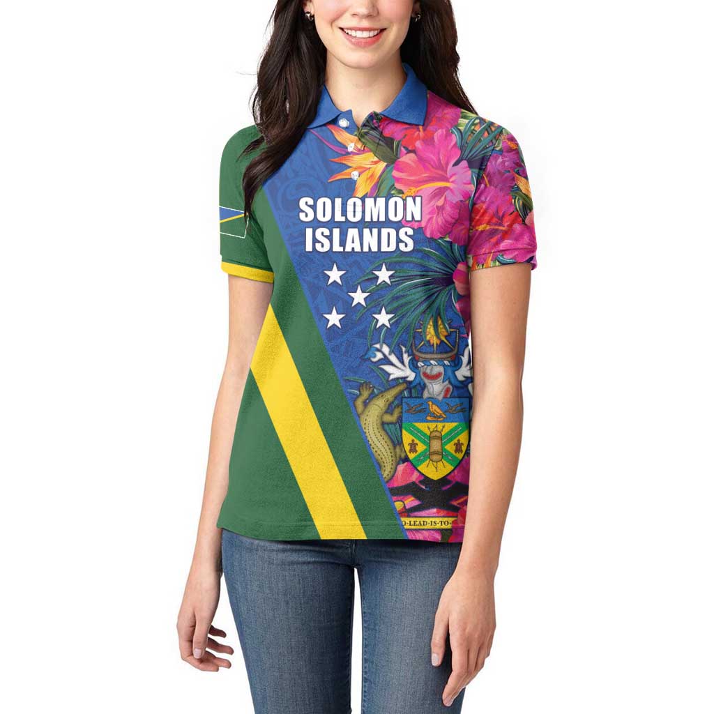 Solomon Islands Independence Day Women Polo Shirt Coat Of Arms With Tropical Flowers LT05 - Polynesian Pride