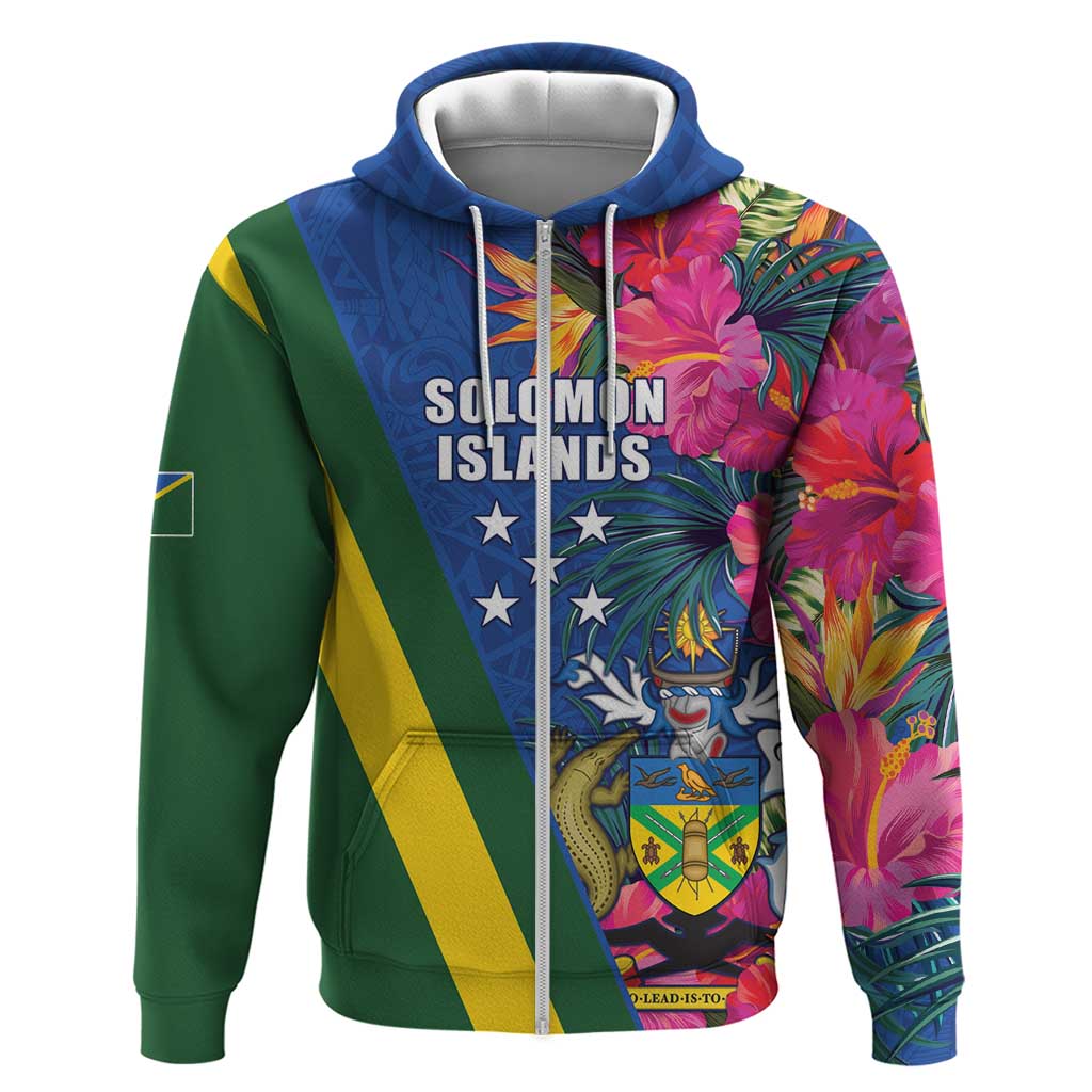 Solomon Islands Independence Day Zip Hoodie Coat Of Arms With Tropical Flowers