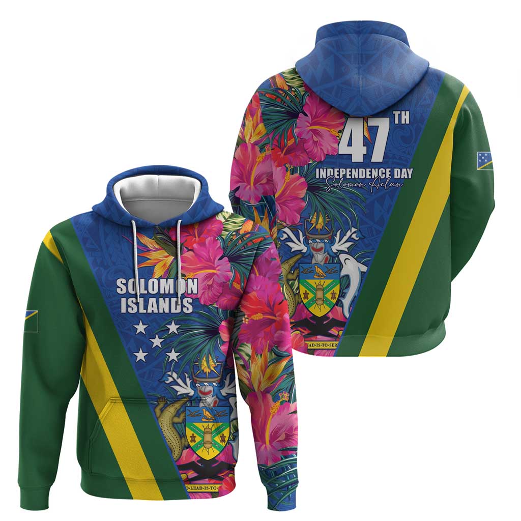 Solomon Islands Independence Day Zip Hoodie Coat Of Arms With Tropical Flowers LT05 - Polynesian Pride