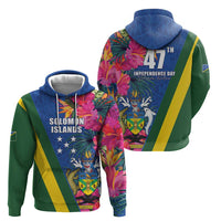 Solomon Islands Independence Day Zip Hoodie Coat Of Arms With Tropical Flowers LT05 - Polynesian Pride