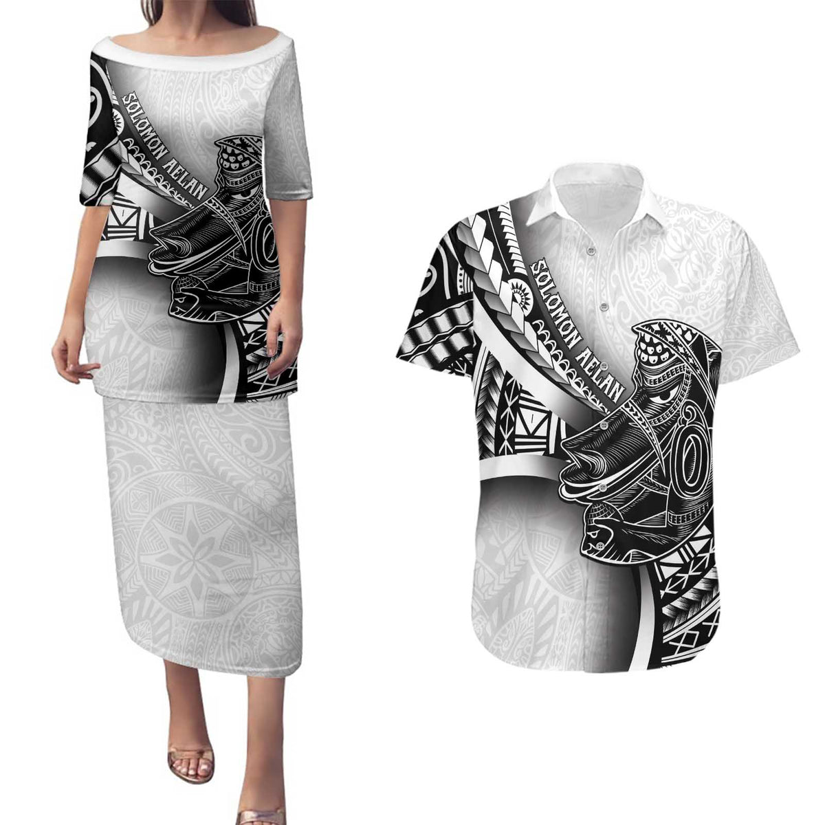 Solomon Islands Nguzunguzu Couples Matching Puletasi and Hawaiian Shirt Polynesian Tribal Pattern
