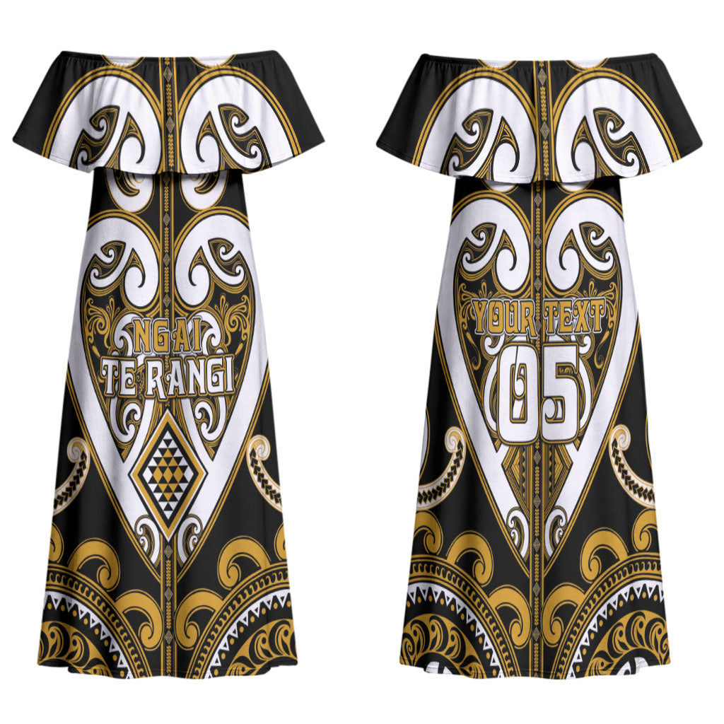 Custom Aotearoa Ngai Te Rangi Family Matching Off Shoulder Maxi Dress and Hawaiian Shirt Maori Tribal Pattern LT05 Mom's Dress Gold - Polynesian Pride