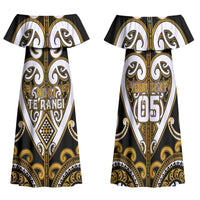 Custom Aotearoa Ngai Te Rangi Family Matching Off Shoulder Maxi Dress and Hawaiian Shirt Maori Tribal Pattern LT05 Mom's Dress Gold - Polynesian Pride