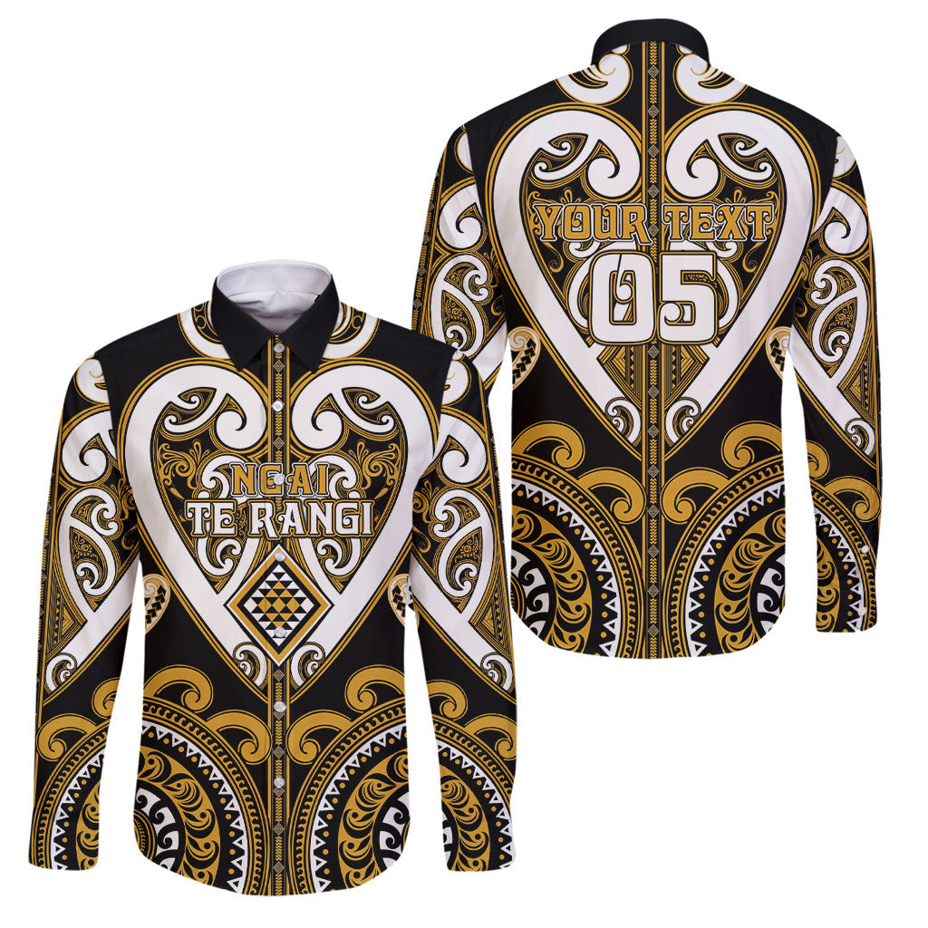 Custom Aotearoa Ngai Te Rangi Family Matching Off Shoulder Short Dress and Hawaiian Shirt Maori Tribal Pattern LT05 Dad's Shirt - Long Sleeve Gold - Polynesian Pride
