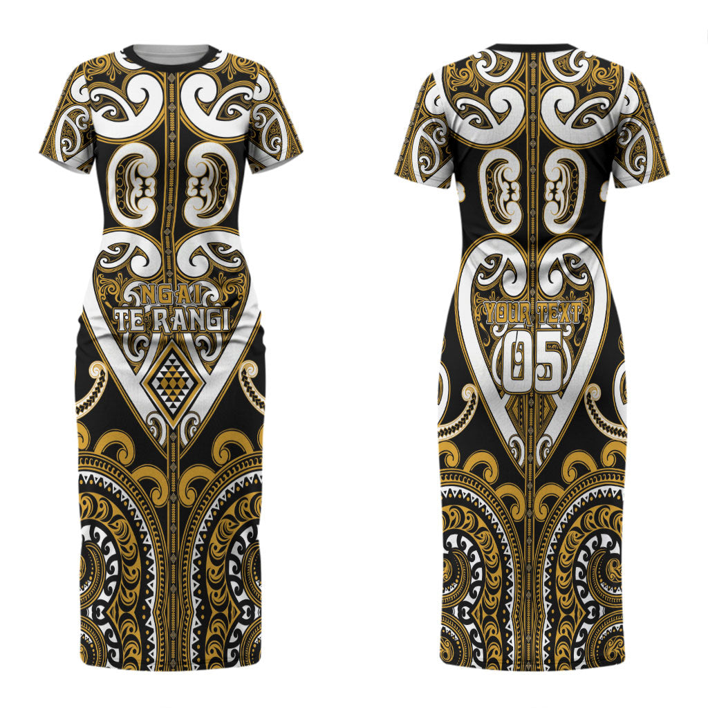 Custom Aotearoa Ngai Te Rangi Family Matching Short Sleeve Bodycon Dress and Hawaiian Shirt Maori Tribal Pattern LT05 Mom's Dress Gold - Polynesian Pride