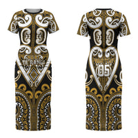 Custom Aotearoa Ngai Te Rangi Family Matching Short Sleeve Bodycon Dress and Hawaiian Shirt Maori Tribal Pattern LT05 Mom's Dress Gold - Polynesian Pride