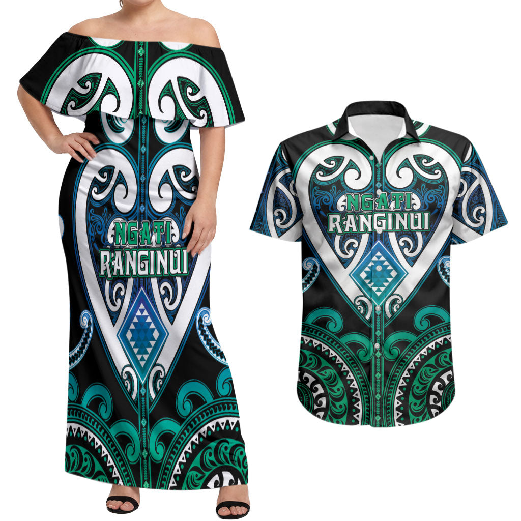 Custom Aotearoa Ngati Ranginui Couples Matching Off Shoulder Maxi Dress and Hawaiian Shirt Maori Tribal Pattern LT05 Cyan - Polynesian Pride