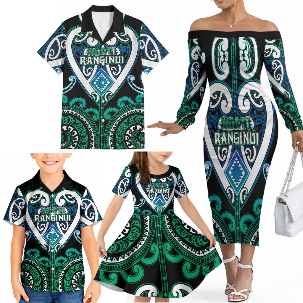 Custom Aotearoa Ngati Ranginui Family Matching Off The Shoulder Long Sleeve Dress and Hawaiian Shirt Maori Tribal Pattern LT05 - Polynesian Pride
