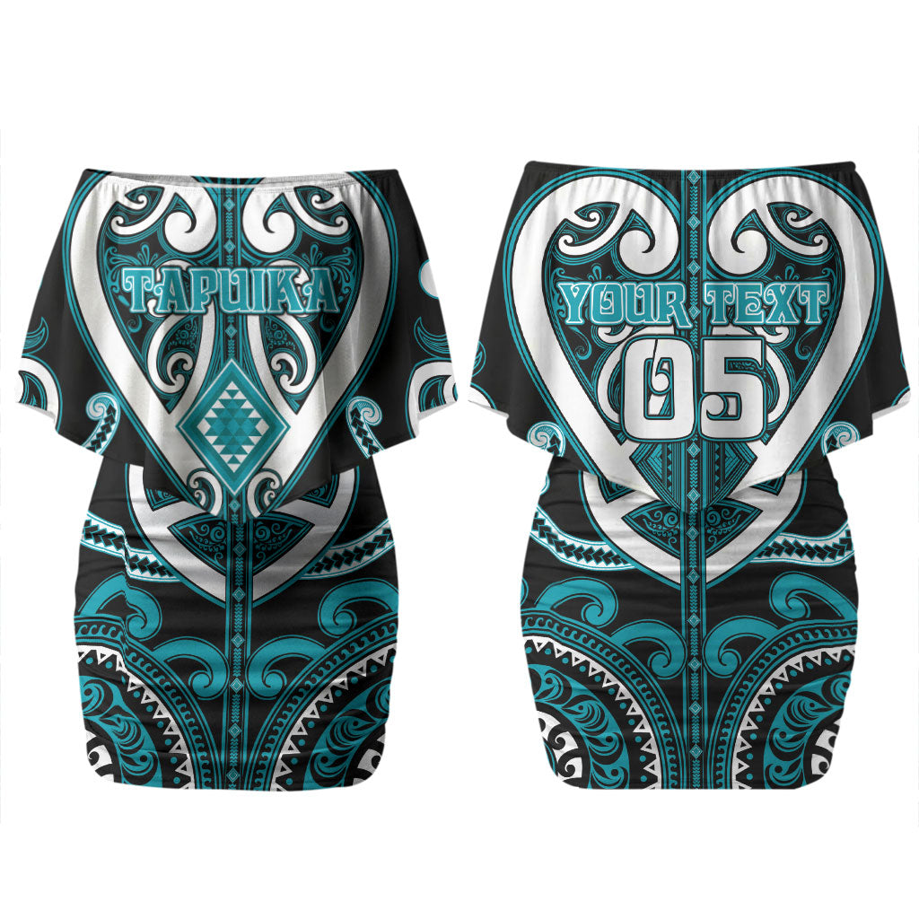 Custom Aotearoa Tapuika Family Matching Off Shoulder Short Dress and Hawaiian Shirt Maori Tribal Pattern LT05 Mom's Dress Teal - Polynesian Pride