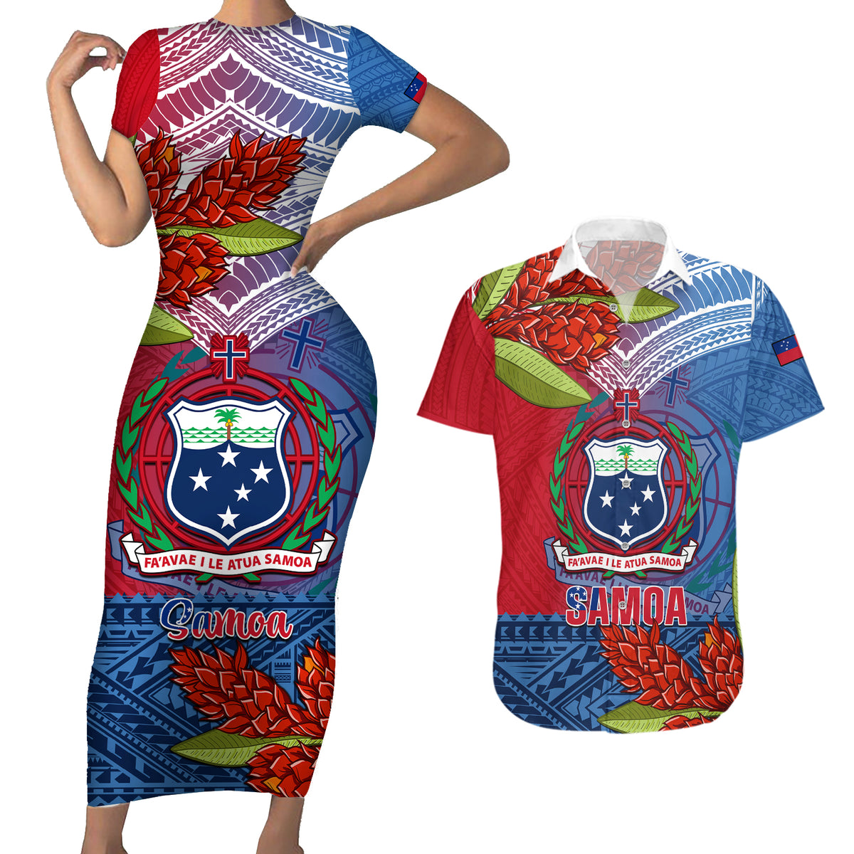 Personalized Samoa Couples Matching Short Sleeve Bodycon Dress and Hawaiian Shirt Teuila Torch Ginger Mix Polynesian Tribal LT05 Blue - Polynesian Pride