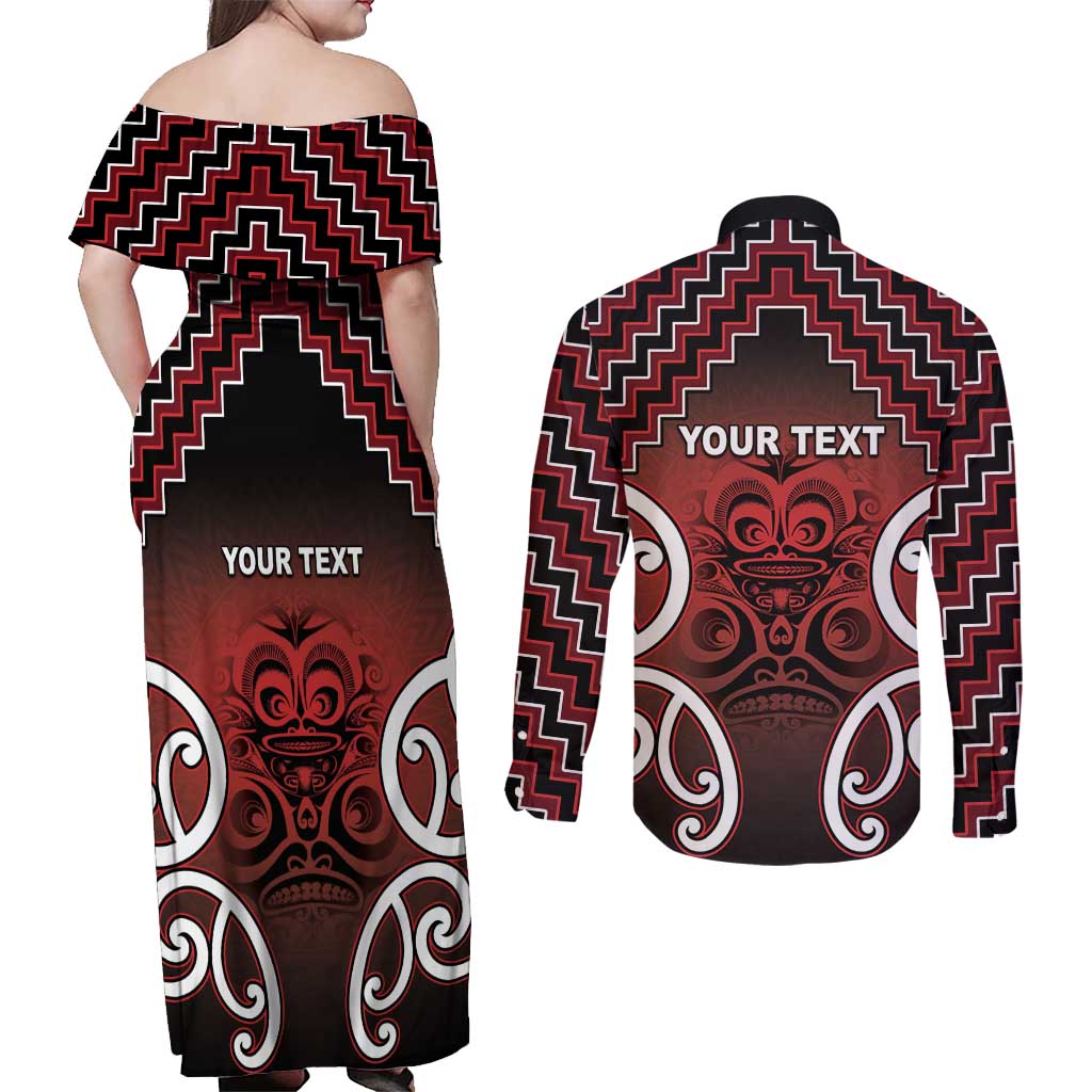 Personalised Aotearoa Mana Motuhake Couples Matching Off Shoulder Maxi Dress and Long Sleeve Button Shirt Poutama With Maori Pattern - Polynesian Pride