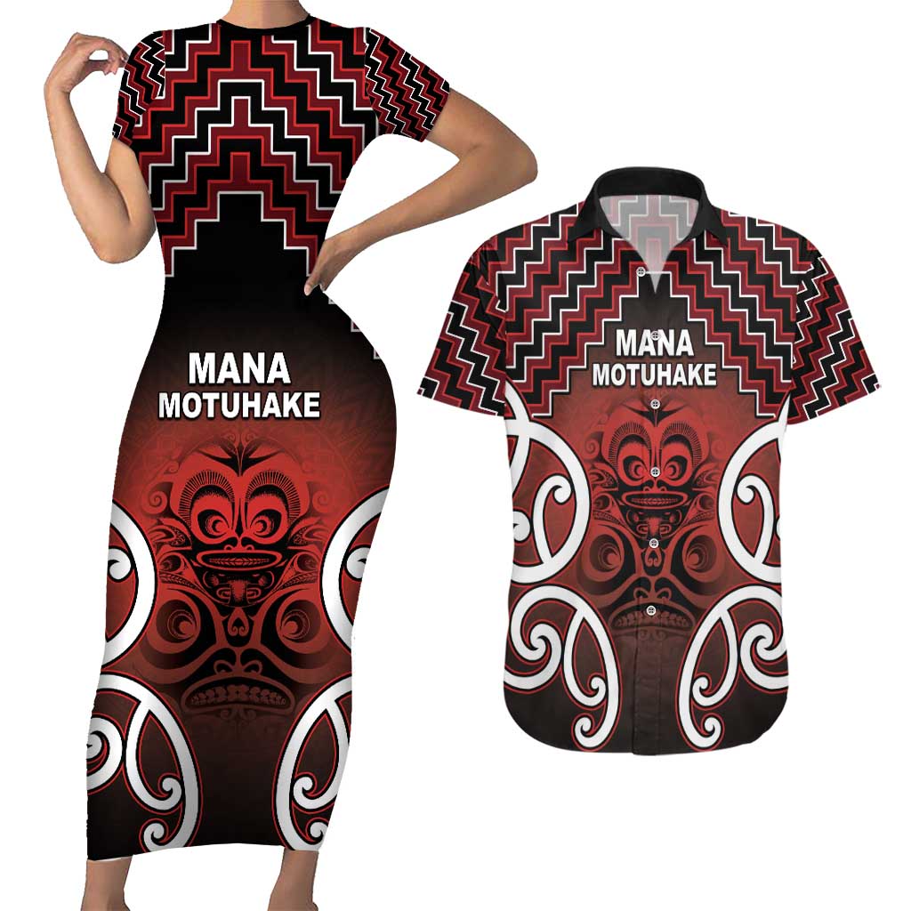 Personalised Aotearoa Mana Motuhake Couples Matching Short Sleeve Bodycon Dress and Hawaiian Shirt Poutama With Maori Pattern - Polynesian Pride