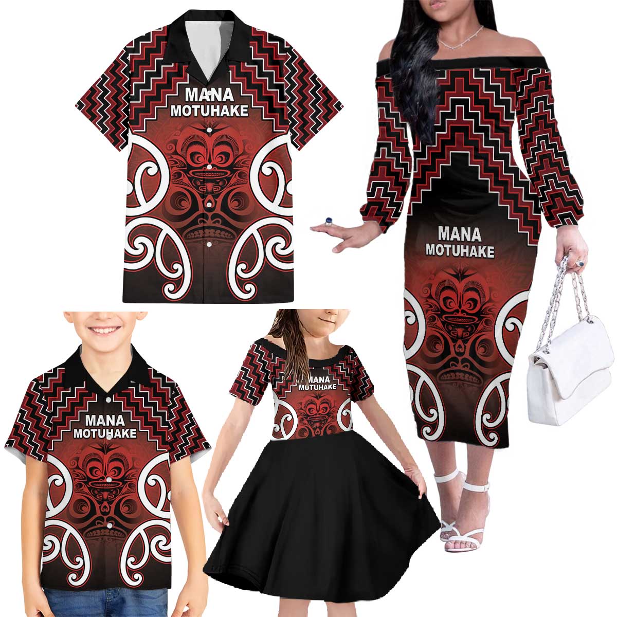 Personalised Aotearoa Mana Motuhake Family Matching Off The Shoulder Long Sleeve Dress and Hawaiian Shirt Poutama With Maori Pattern - Polynesian Pride