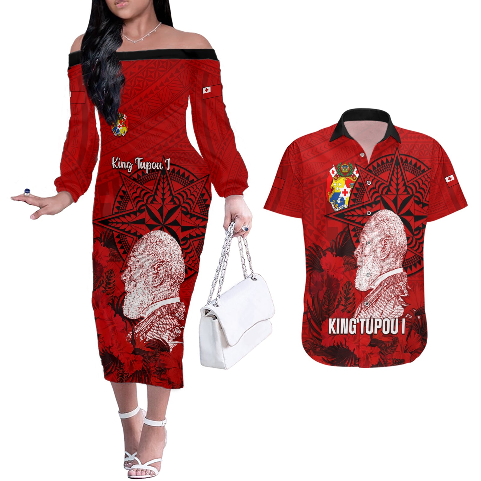 tonga-king-tupou-i-day-couples-matching-off-the-shoulder-long-sleeve-dress-and-hawaiian-shirt-tropical-flowers-with-ngatu-pattern