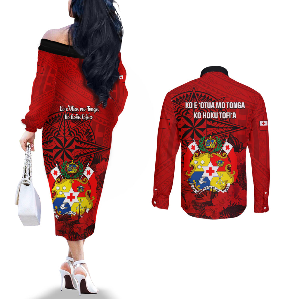 tonga-king-tupou-i-day-couples-matching-off-the-shoulder-long-sleeve-dress-and-long-sleeve-button-shirts-tropical-flowers-with-ngatu-pattern