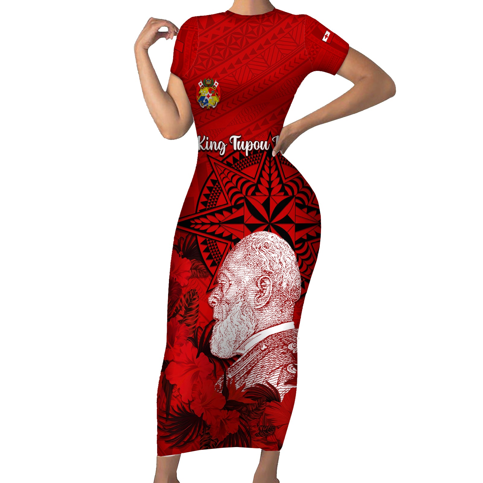 tonga-king-tupou-i-day-short-sleeve-bodycon-dress-tropical-flowers-with-ngatu-pattern