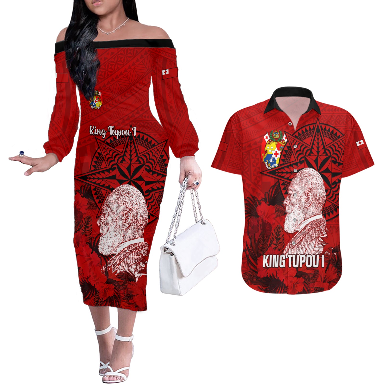 personalized-tonga-king-tupou-i-day-couples-matching-off-the-shoulder-long-sleeve-dress-and-hawaiian-shirt-tropical-flowers-with-ngatu-pattern