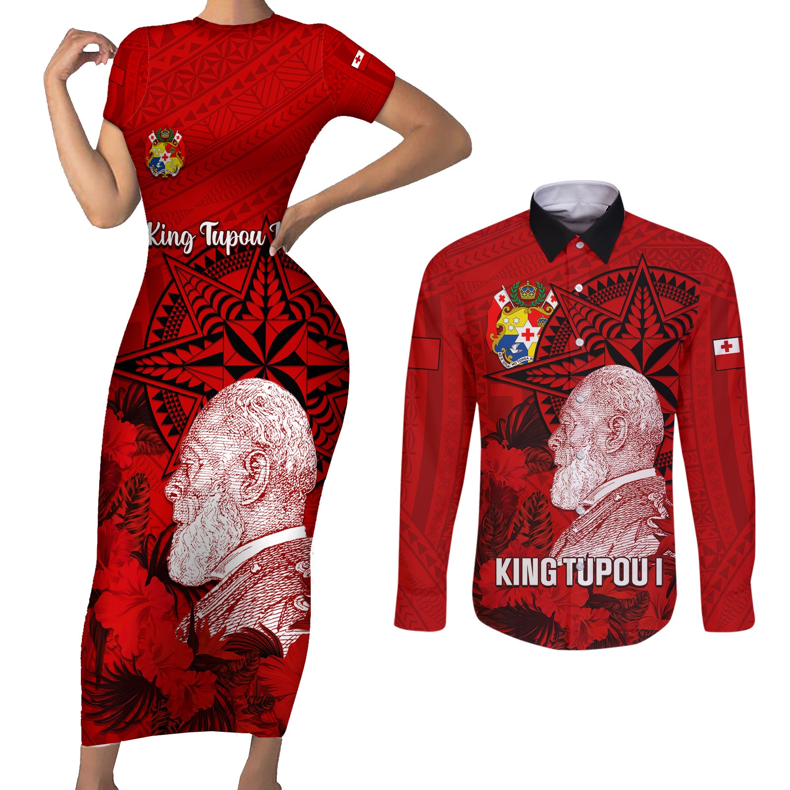personalized-tonga-king-tupou-i-day-couples-matching-short-sleeve-bodycon-dress-and-long-sleeve-button-shirts-tropical-flowers-with-ngatu-pattern