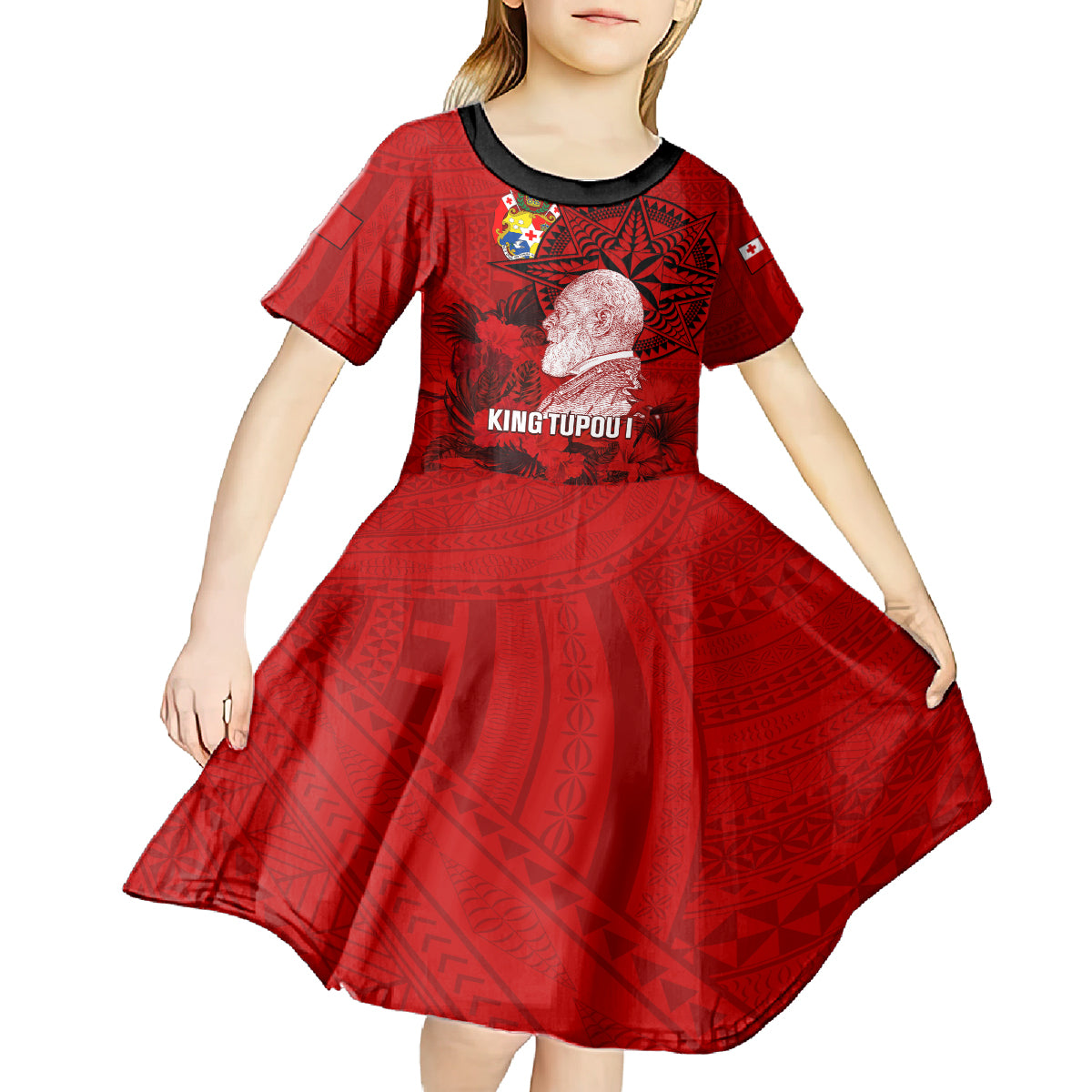 personalized-tonga-king-tupou-i-day-kid-short-sleeve-dress-tropical-flowers-with-ngatu-pattern