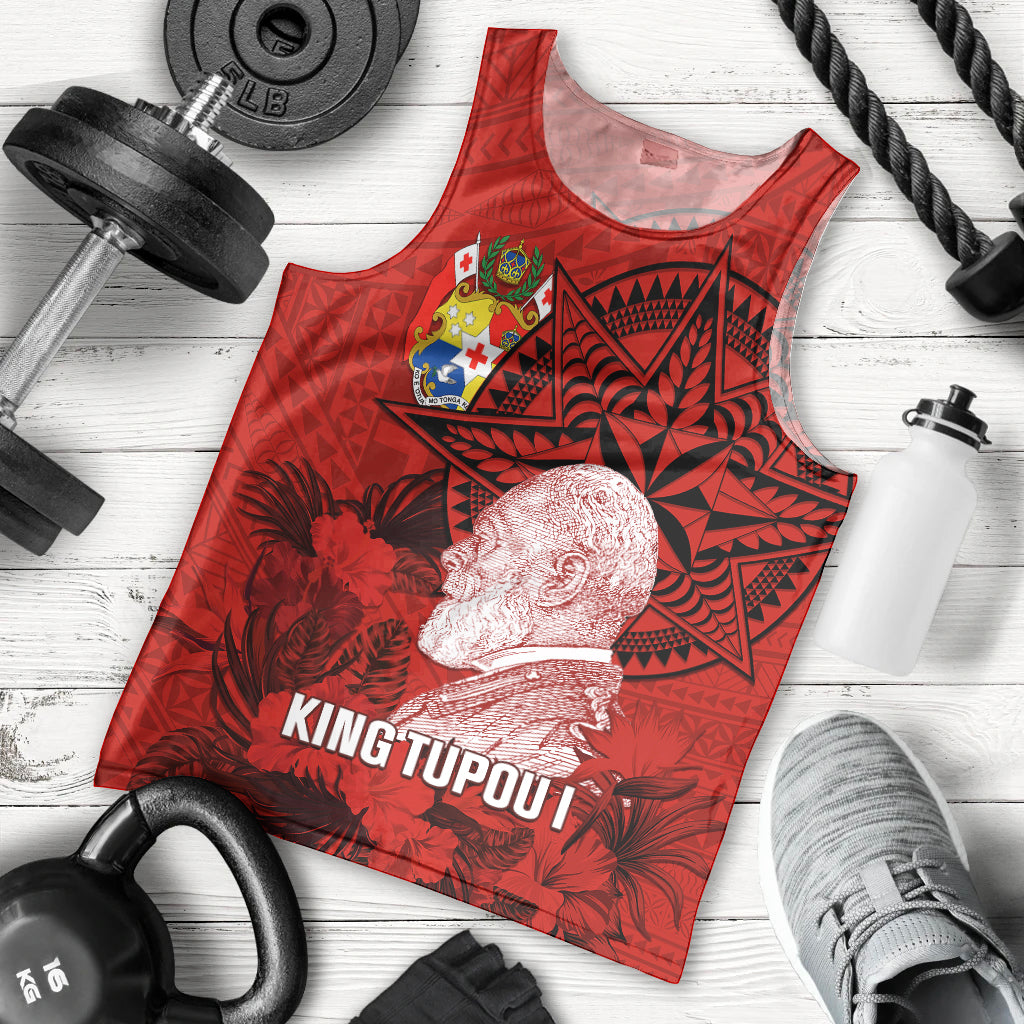 Personalized Tonga King Tupou I Day Men Tank Top Tropical Flowers With Ngatu Pattern LT05 Red - Polynesian Pride