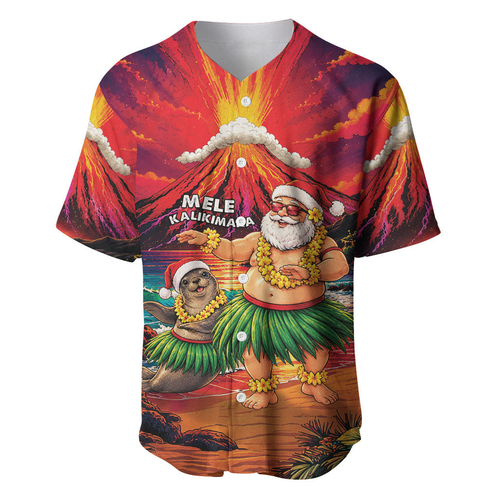 Hawaii Volcano Christmas Baseball Jersey Hula Santa And Monk Seal