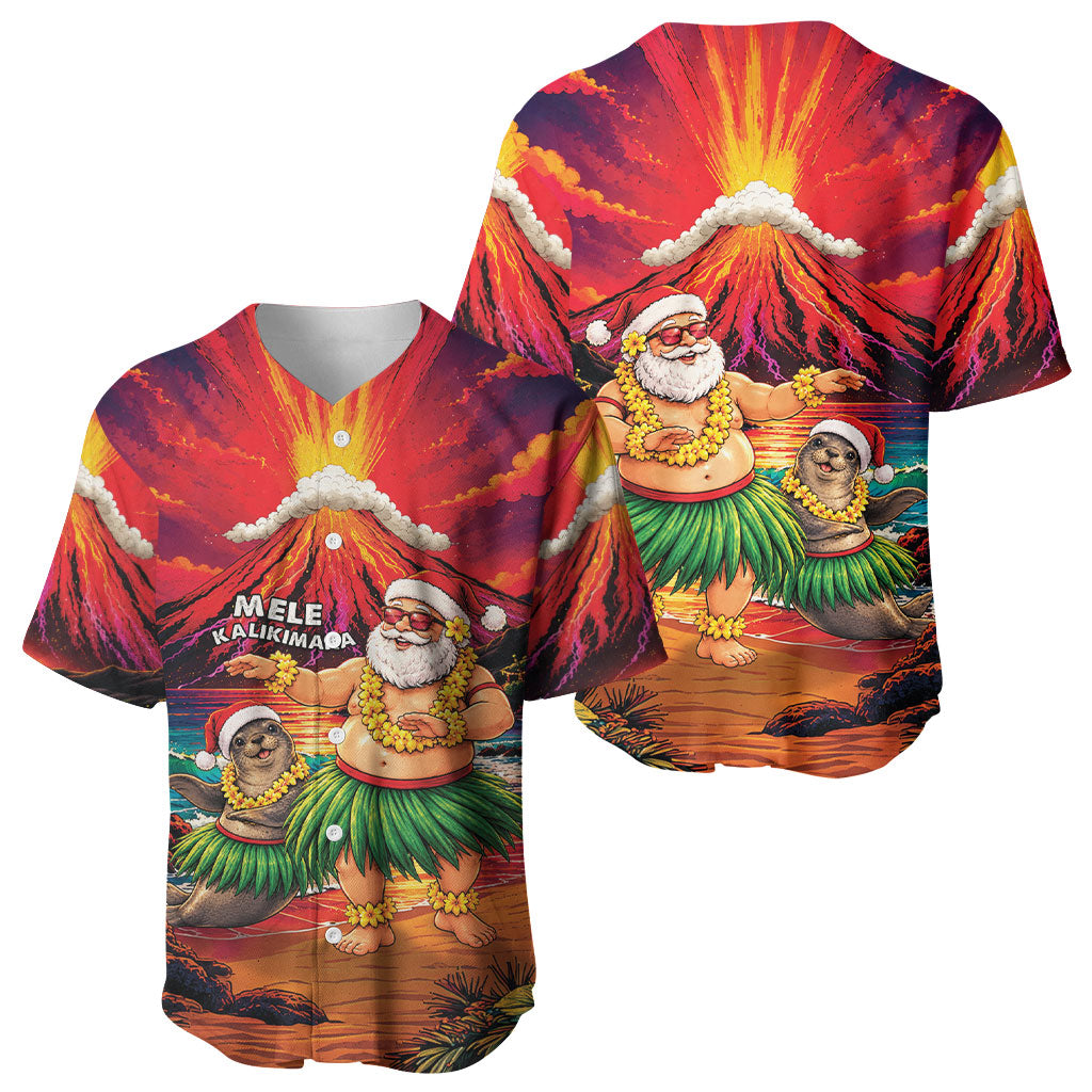 Hawaii Volcano Christmas Baseball Jersey Hula Santa And Monk Seal
