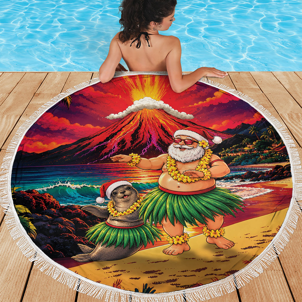 Hawaii Volcano Christmas Beach Blanket Hula Santa And Monk Seal LT05 - Polynesian Pride
