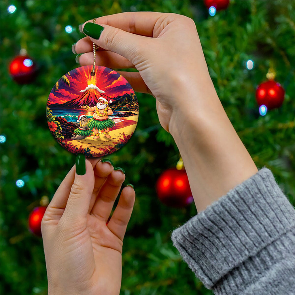 Hawaii Volcano Christmas Ceramic Ornament Hula Santa And Monk Seal LT05 - Polynesian Pride