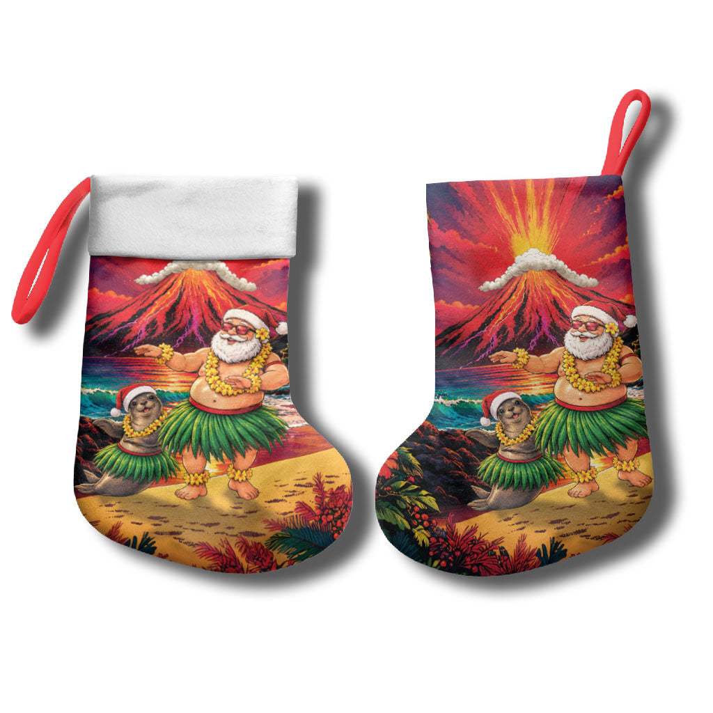 Hawaii Volcano Christmas Stocking Hula Santa And Monk Seal LT05 - Polynesian Pride