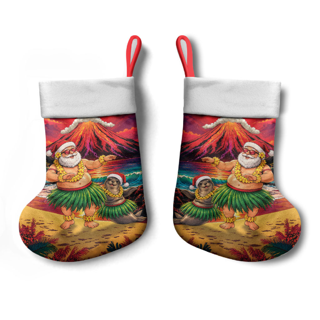Hawaii Volcano Christmas Stocking Hula Santa And Monk Seal LT05 - Polynesian Pride