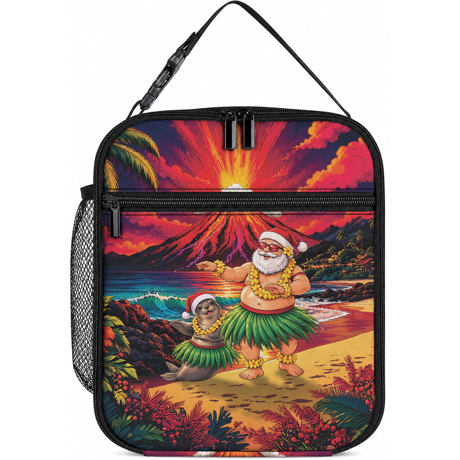 Hawaii Volcano Christmas Lunch Bag Hula Santa And Monk Seal LT05 10.2 × 8.3 × 4.3 inch Multicolor - Polynesian Pride