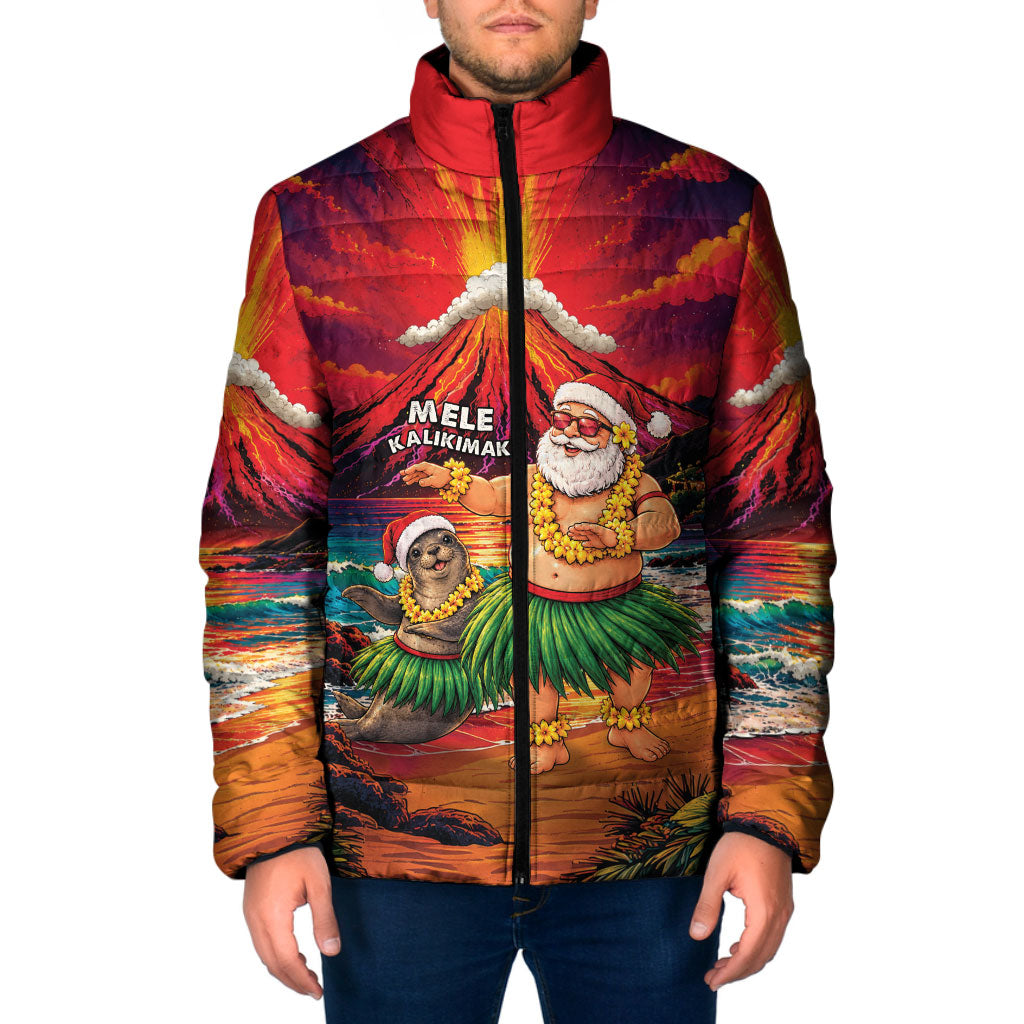 Hawaii Volcano Christmas Padded Jacket Hula Santa And Monk Seal