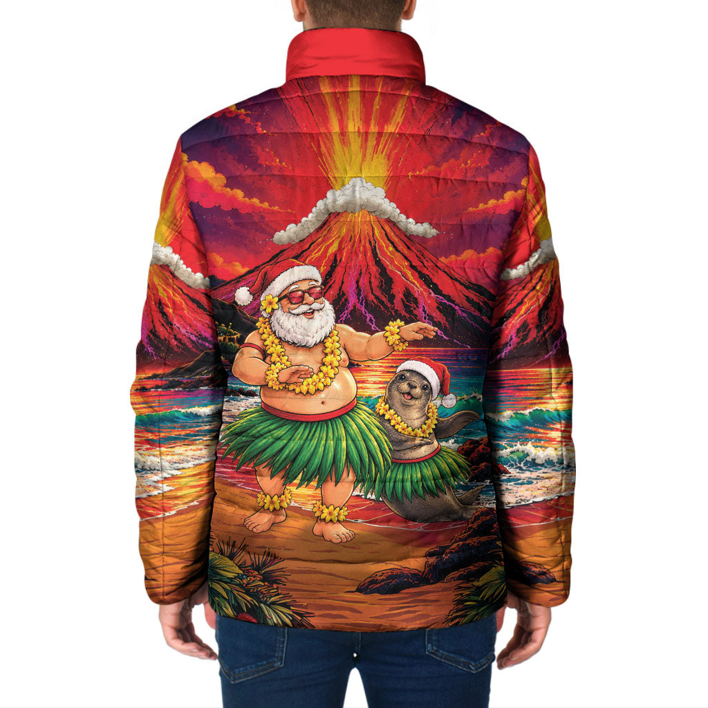 Hawaii Volcano Christmas Padded Jacket Hula Santa And Monk Seal