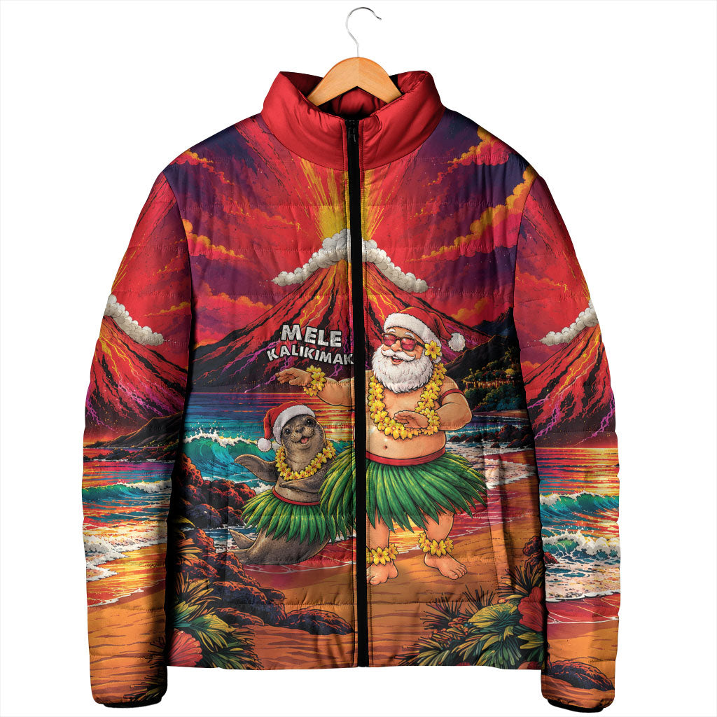 Hawaii Volcano Christmas Padded Jacket Hula Santa And Monk Seal