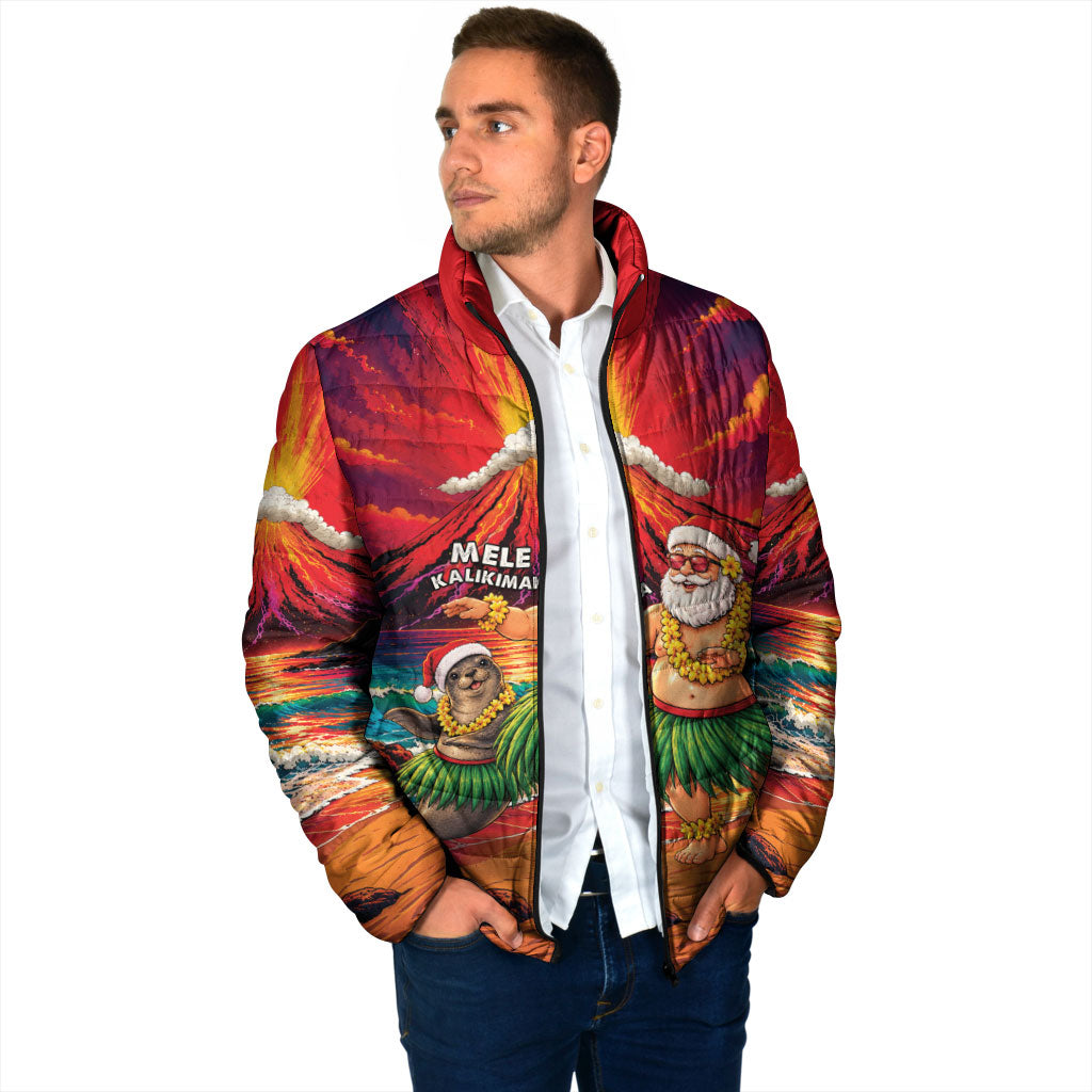 Hawaii Volcano Christmas Padded Jacket Hula Santa And Monk Seal